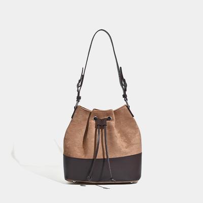 Women's Niche Design Suede Leather Portable Bucket Bag Autumn and Winter Retro New Fashion Splicing Shoulder Bag