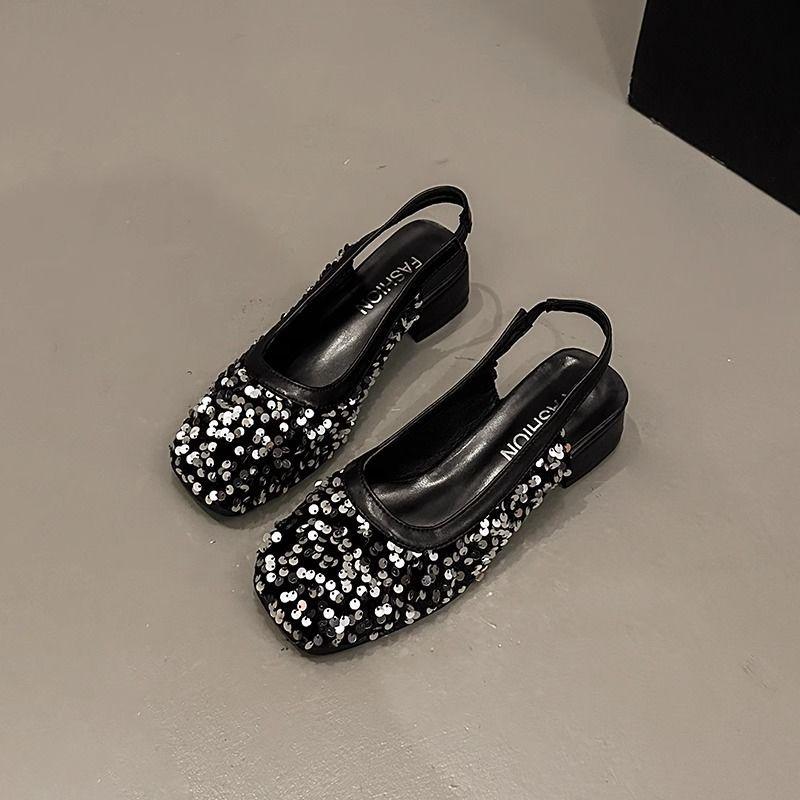 French Bag Head Shallow Mouth Mary Jane Shoes 2025 New Sequined Fairy Style Thick Heel Pedal Sequined Cool Slippers Woman