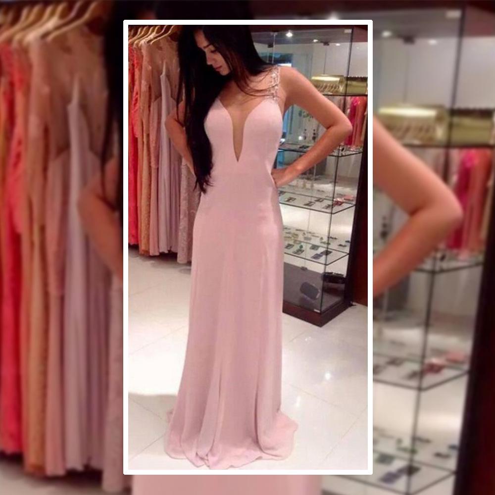 

Hot-selling new deep V-neck fashion ball dress chiffon pink evening dress, long dress women S