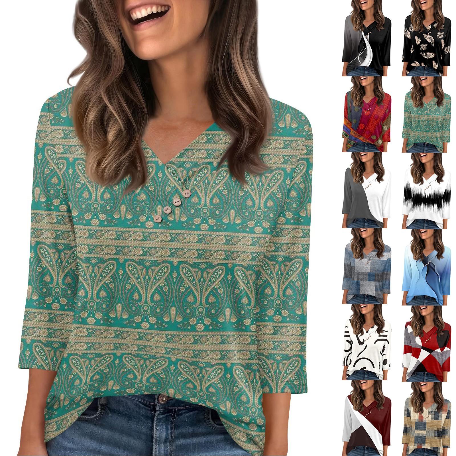 

Women s T Shirt Tee Button 3/4 Sleeve Tunic Daily Weekend Fashion Basic V- Neck Regular Top M синій