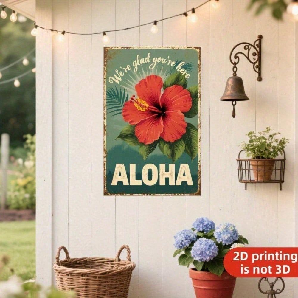 Vintage Aloha Red Hibiscus Metal Sign Tropical Beach House Wall Art Retro Hawaiian Garden Decor Indoor Outdoor