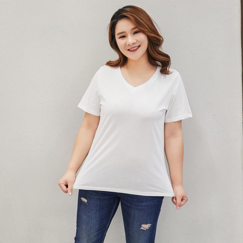 Women's Summer Short-Sleeve Loose-Fit Solid Color Plus Size T-Shirt V-Neck Elegant Commuter Base Layer