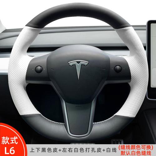 Hand Stitched black white Genuine Leather suede car Steering Wheel Cover For Tesla Model 3 2015-2021 Model Y 2019-2021