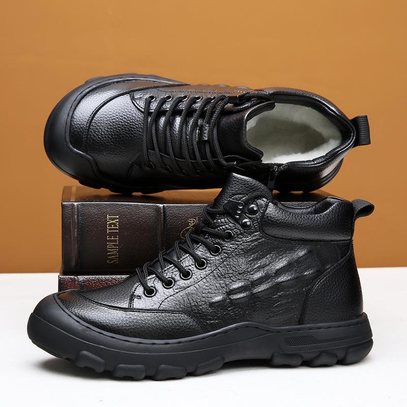 First layer cowhide cotton shoes men's winter velvet thickened middle-aged men's genuine leather high-top warm and non-slip dad cotton boots