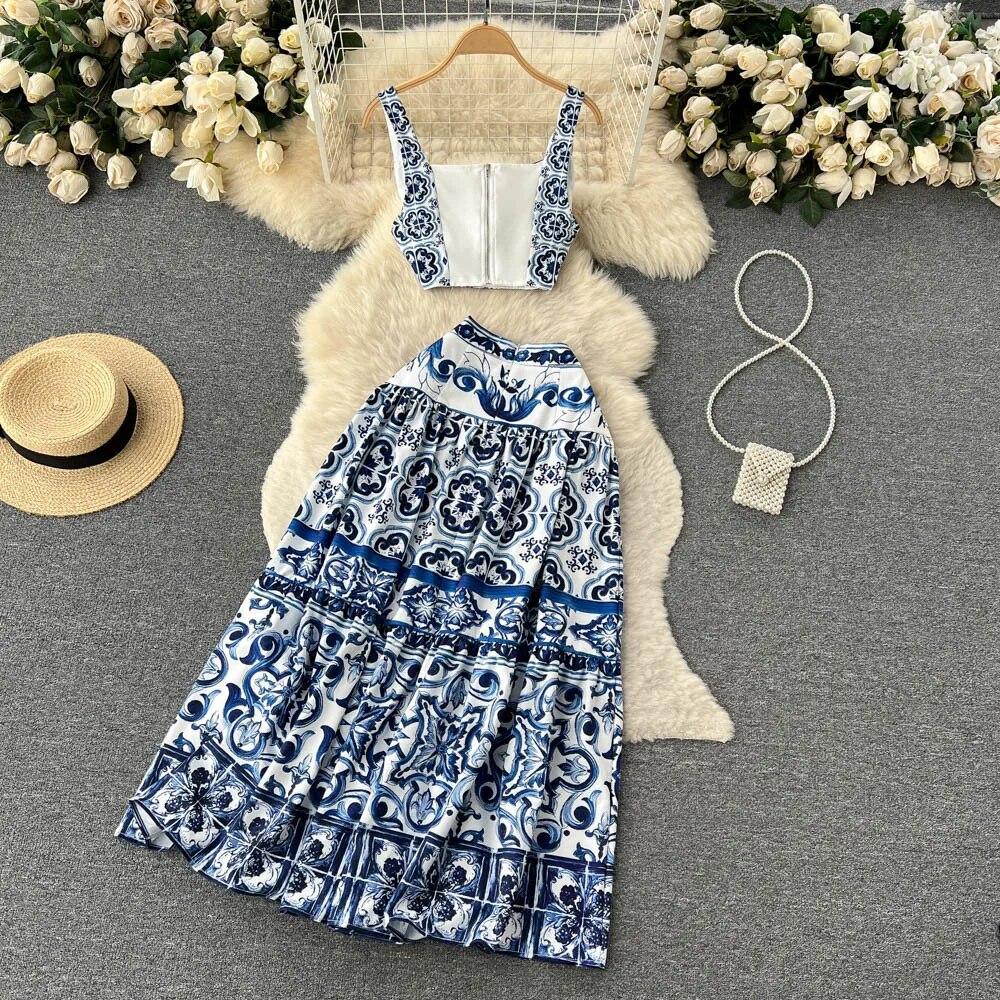 Elegant Porcelain Pattern Two Piece Set Women Flower Print Short Crop Top Pleated Maxi Skirt Suits Female Patchwork Vintage Strap Sets 2024