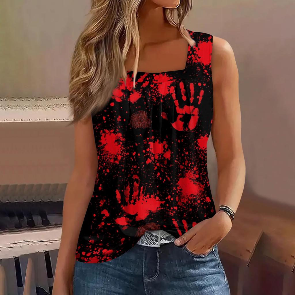 Sleeveless Square Neck Tank Top with Ruffle Detail Halloween Inspired Print Lightweight Casual Summer Blouse for Women
