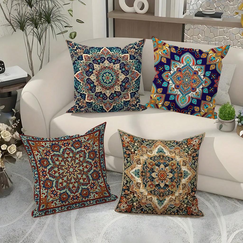 1Pc Bohemian Mandala Plaid Pillow Covers, Zipper Closure, Decorative Cushion Cases For Sofa Bedroom (No Inserts)