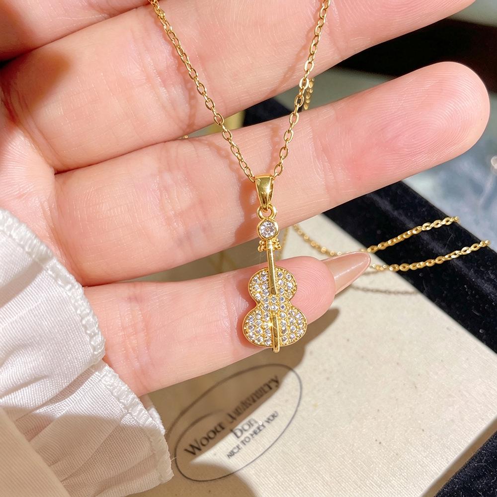 Elegant Titanium Steel Violin Necklace for Women with Zircon Stones - Versatile Fashion Jewelry