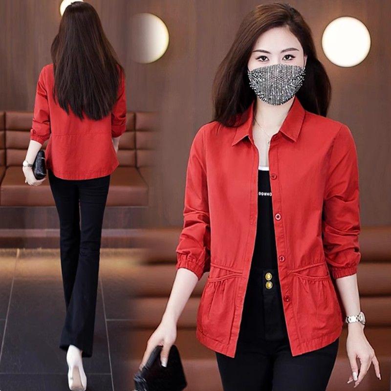 

Женская универсальная модная куртка с лацканами и длинными рукавами - Легкая повседневная одежда для весны и осени L красный