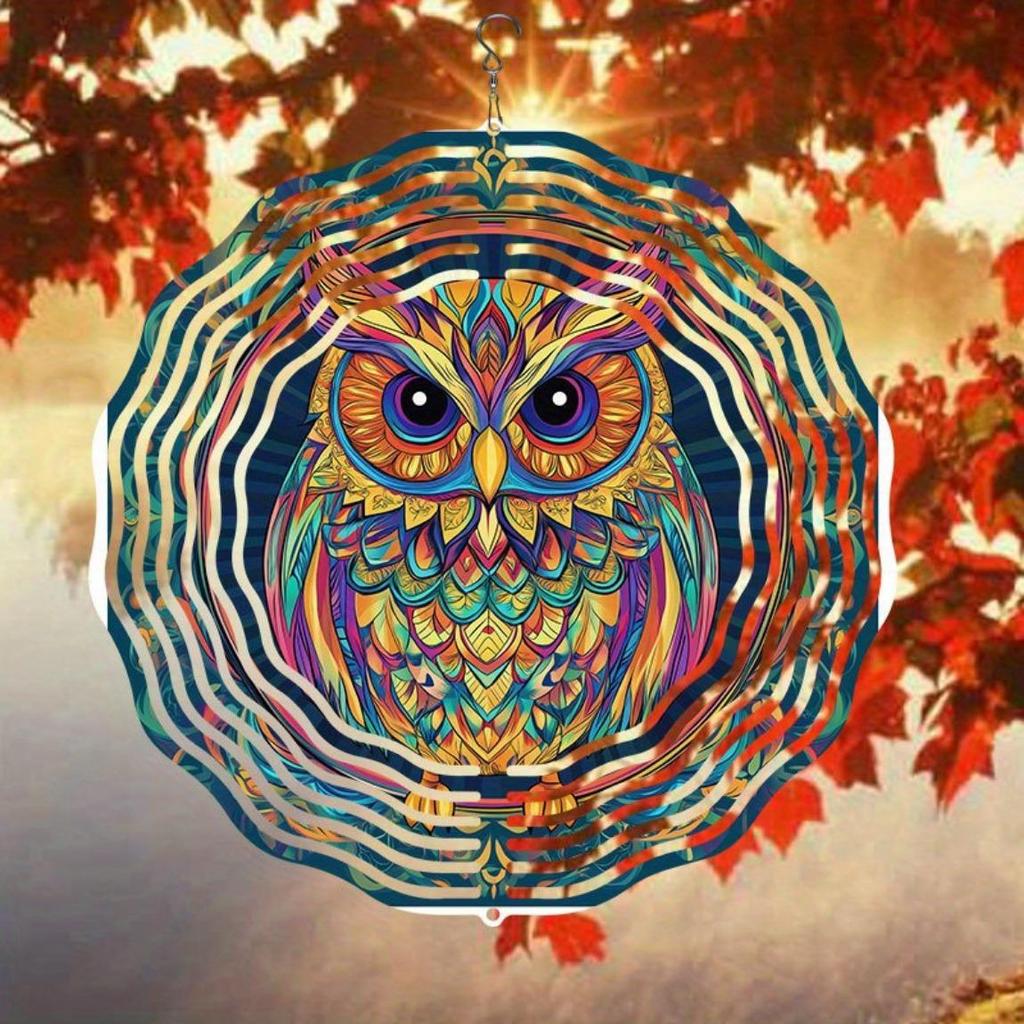 Vibrant Hand Painted Owl Wind Chime 3D Metal Garden Decor Colorful Outdoor Hanging Ornament with Swivel Hook Perfect for Thanksgiving