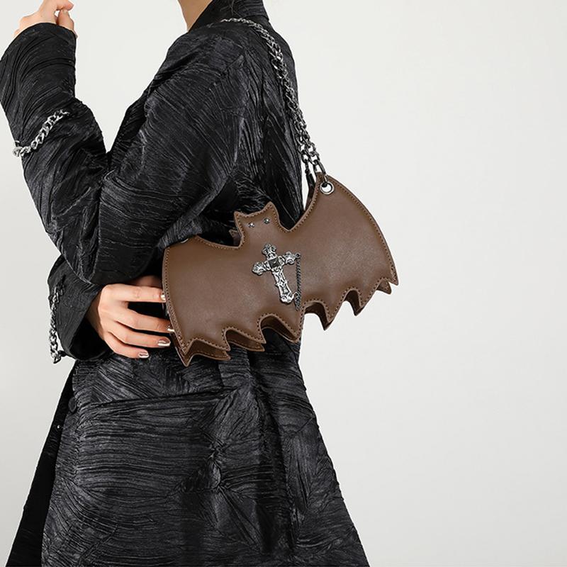 Gothic Style Bat & Skull PU Leather Shoulder Bag Vintage Solid Color Crossbody Bag with Adjustable Chain Strap for Outings, and Everyday Use
