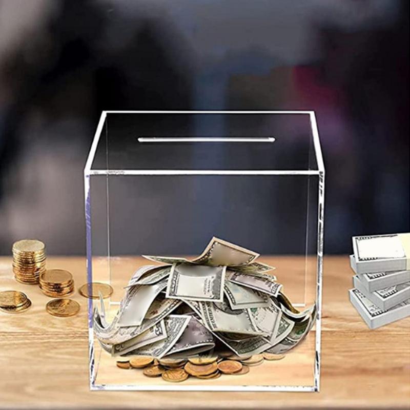 Transparent Acrylic Piggy Bank Compact Saving Pot Coin Jar Daily Use Container Money Supply Change Box 12x12x12cm
