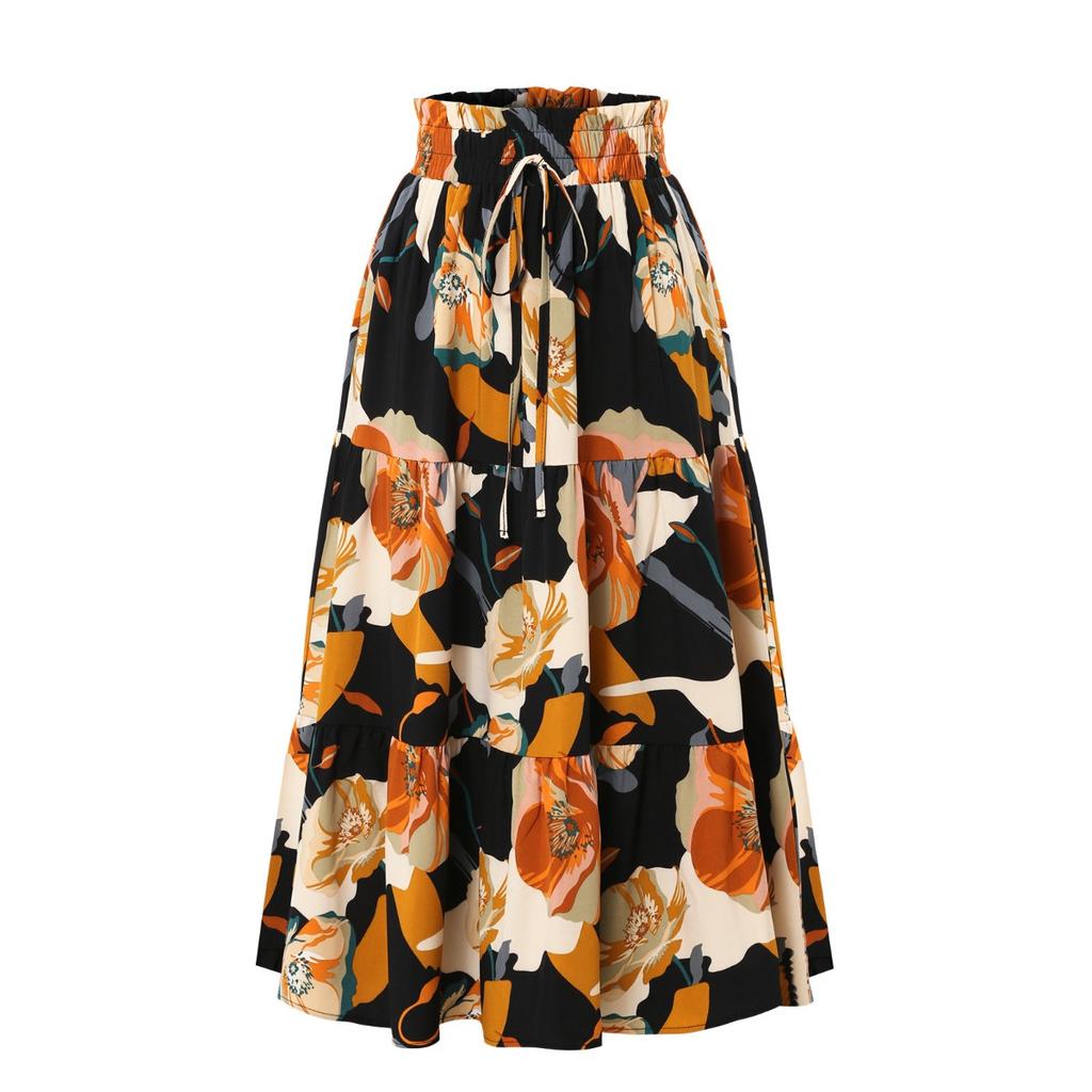 A-line Skirt, Pleated Skirt, Floral Print, Elastic Waist, Midi Skirt
