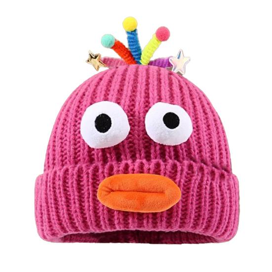 Women Knitted Hat Sausage Mouth Design Ear Protection Warm Hat 3D Big Eyes Versatile Hat Winter Accessory