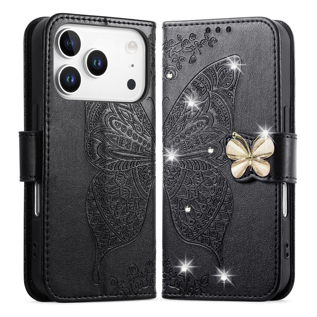 For iPhone 17 Pro Max Case 3D Rhinestone Decor Butterfly Flower Leather Phone Cover with Wrist Strap