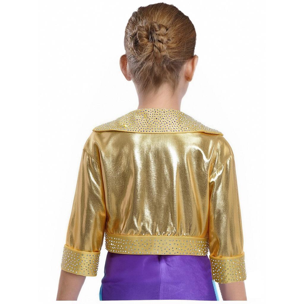 Mädchen Reverskragen Langarm Glänzende Strasssteine Metallische Jacke Jazz Dance Oberbekleidung