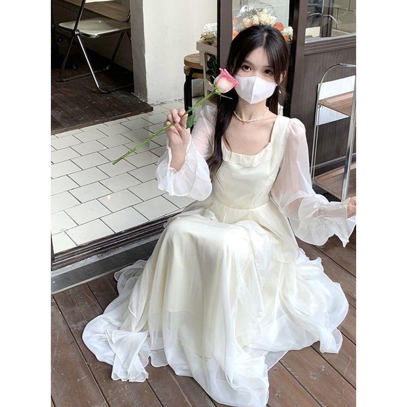 

Летнее нежное белое платье с оборками 2025 года, французский стиль для первого свидания, нишевый стиль, квадратный вырез, шифоновое платье с короткими рукавами для женщин Creamy-white [Long sleeves]] S