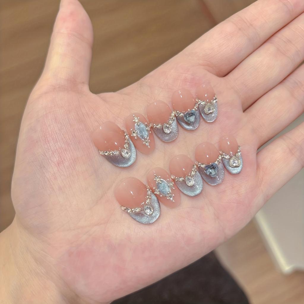 10Pcs Handmade Short Oval French Cat Eye Press On Nails Snow Island Blue Moon Reusable Fake Nail Tips