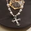 Trend Sweet And Cool Artificial Diamond Cross Pendant Pearl Personality Cool Wild Collarbone Chain Necklace Gift
