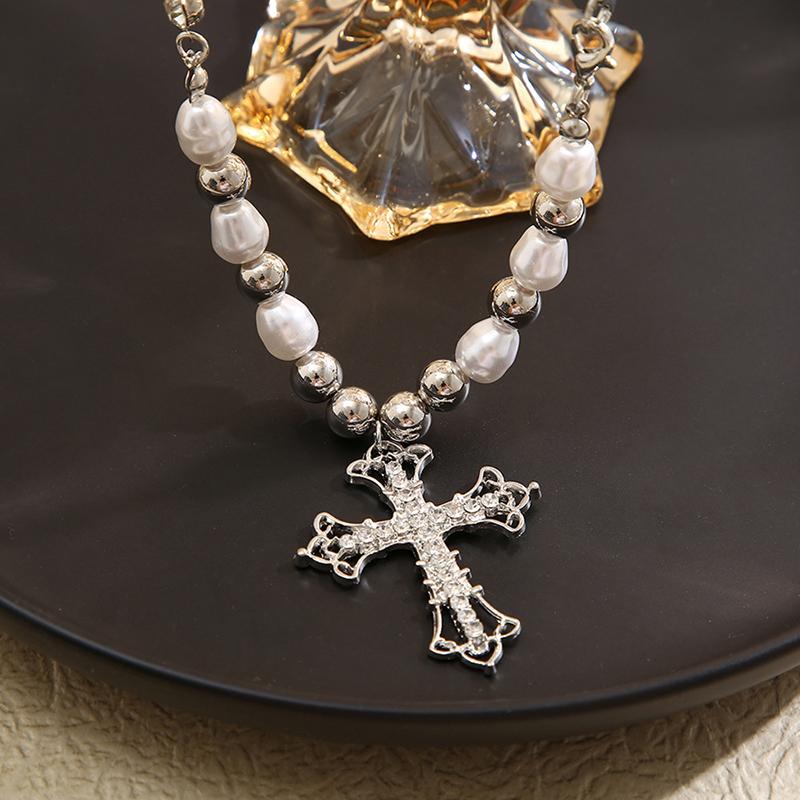 Trend Sweet And Cool Artificial Diamond Cross Pendant Pearl Personality Cool Wild Collarbone Chain Necklace Gift