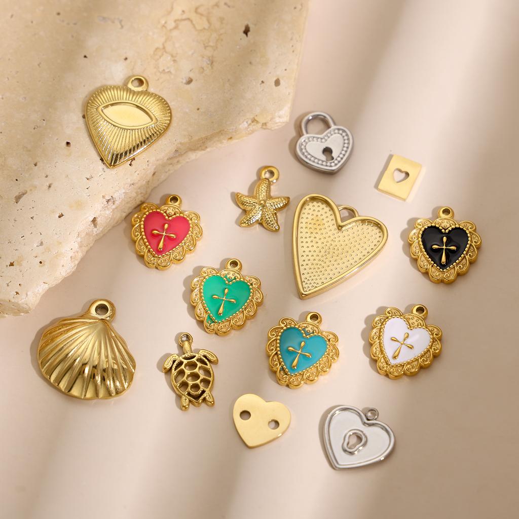 Elegant Stainless Steel Gold Plated Heart Love Cross Shell Starfish Oil Drop Pendant Charms for DIY Jewelry Making Women