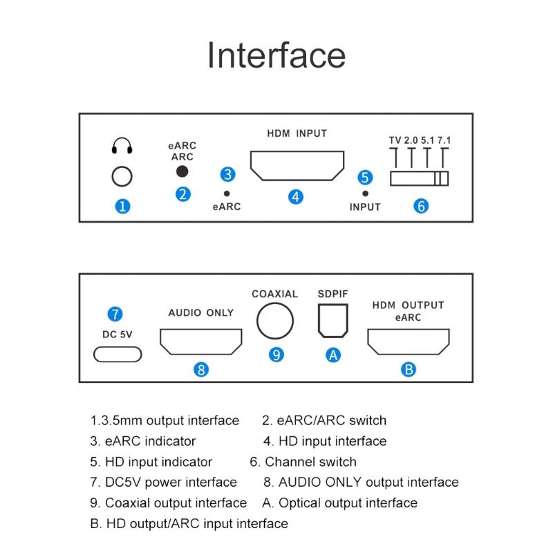 8k HDMI2.0b Audio Extractor Audio Switcher eARC Splitter 7.1CH DSTHD AUX Coaxial Optical DAC DecodingCEC HDCP