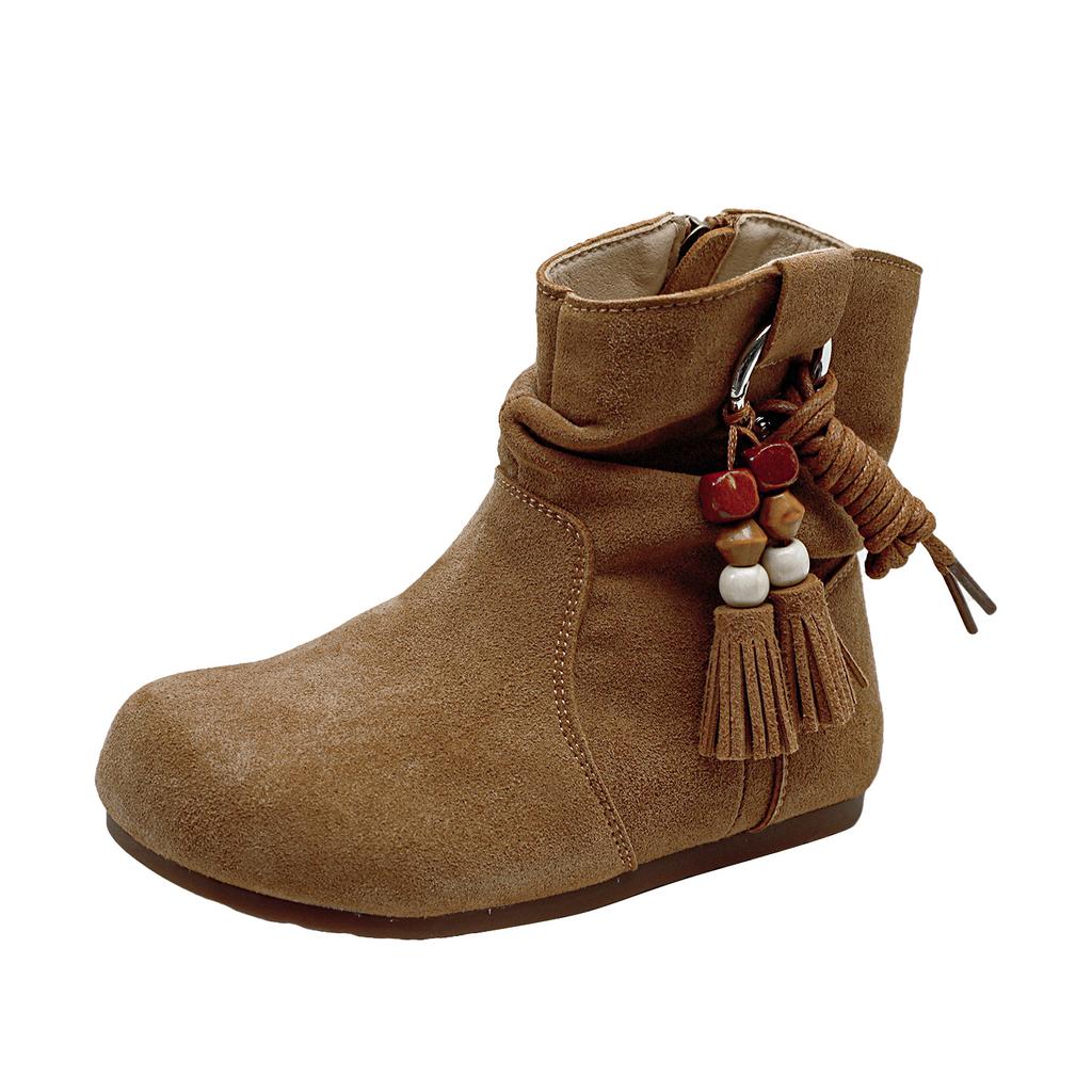 Herbst und Winter 2025 neue Kindermode Retro Fransenanhänger runde Zehe Stiefel zum Stapeln
