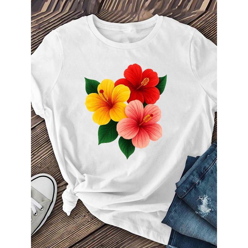 Womens Vibrant Floral Print T Shirt Lightweight Polyester Short Sleeve Round Neck Casual Hibiscus Flowers Spring Summer Fall Top