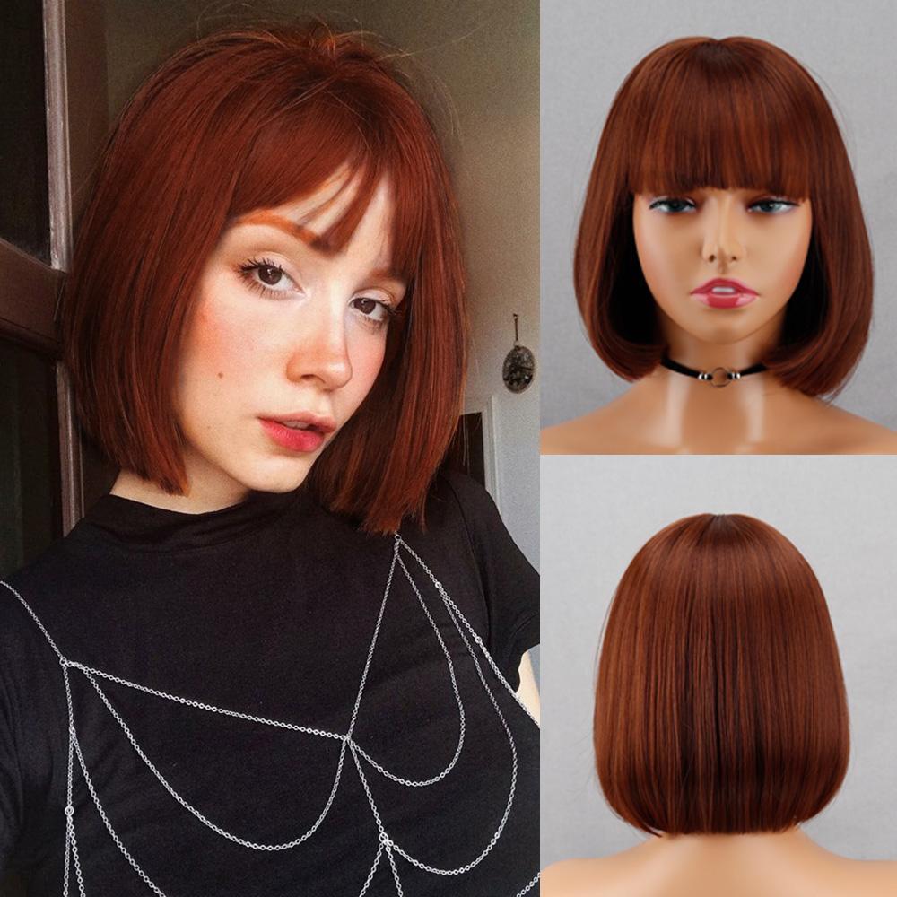 LISI HAIR Synthetic Short Straight Bob Wig Extension With Bangs Natural Looking Heat Resistant Fiber For Elegant Women Daily Wear