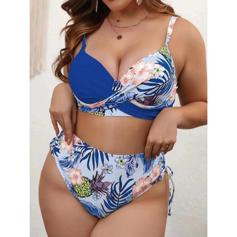 Bikini a vita alta smerlato taglie forti per donna, costume da bagno floreale sexy con scollo a V, due pezzi, costume da bagno da spiaggia