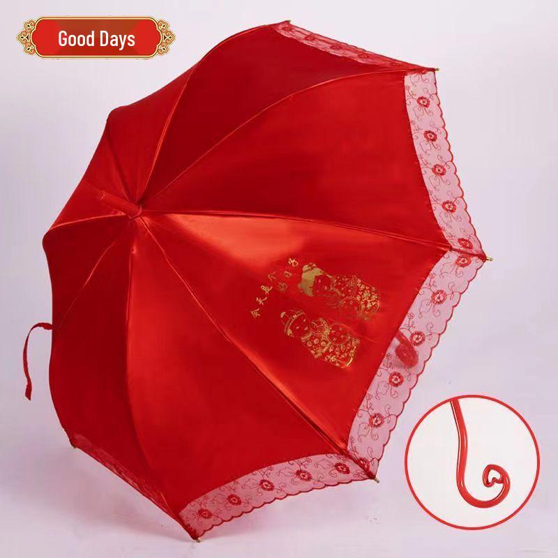 Bright Red Embroidered Bridal Wedding Umbrella with Lace Edge and Long Handle