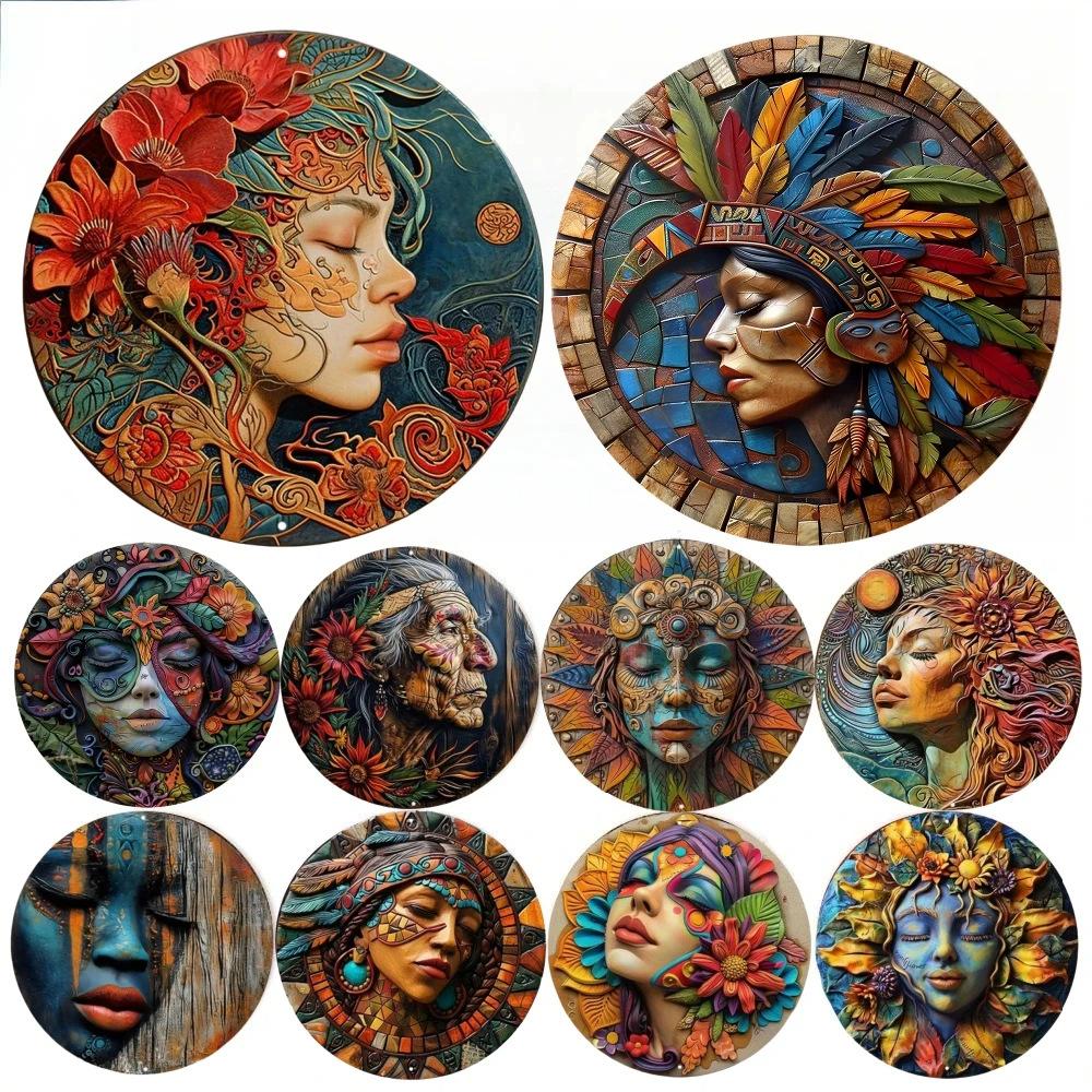 Unique African Mask Circular Aluminum Sign Wall Decor Art Painting Wreath Suitable for Home Caf É Bar Office Party Decoratio