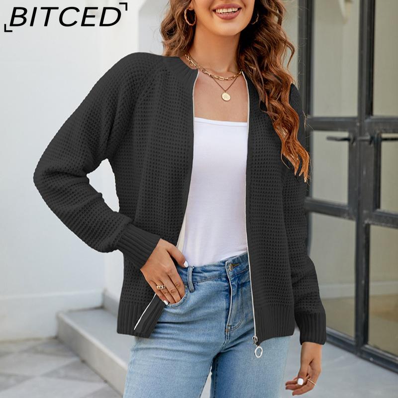 BITCED Autumn/Winter Women's Solid Colour Zip-Up O-Neck Knitted Cardigan