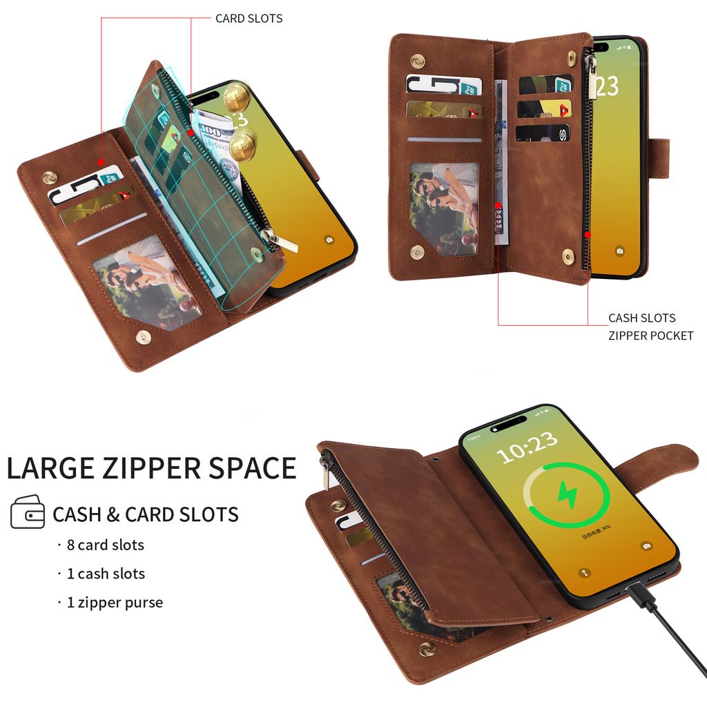For iPhone 15 Pro Case Zipper Multi-Pocket Wallet Leather Phone Cover with Shoulder and Wrist Straps