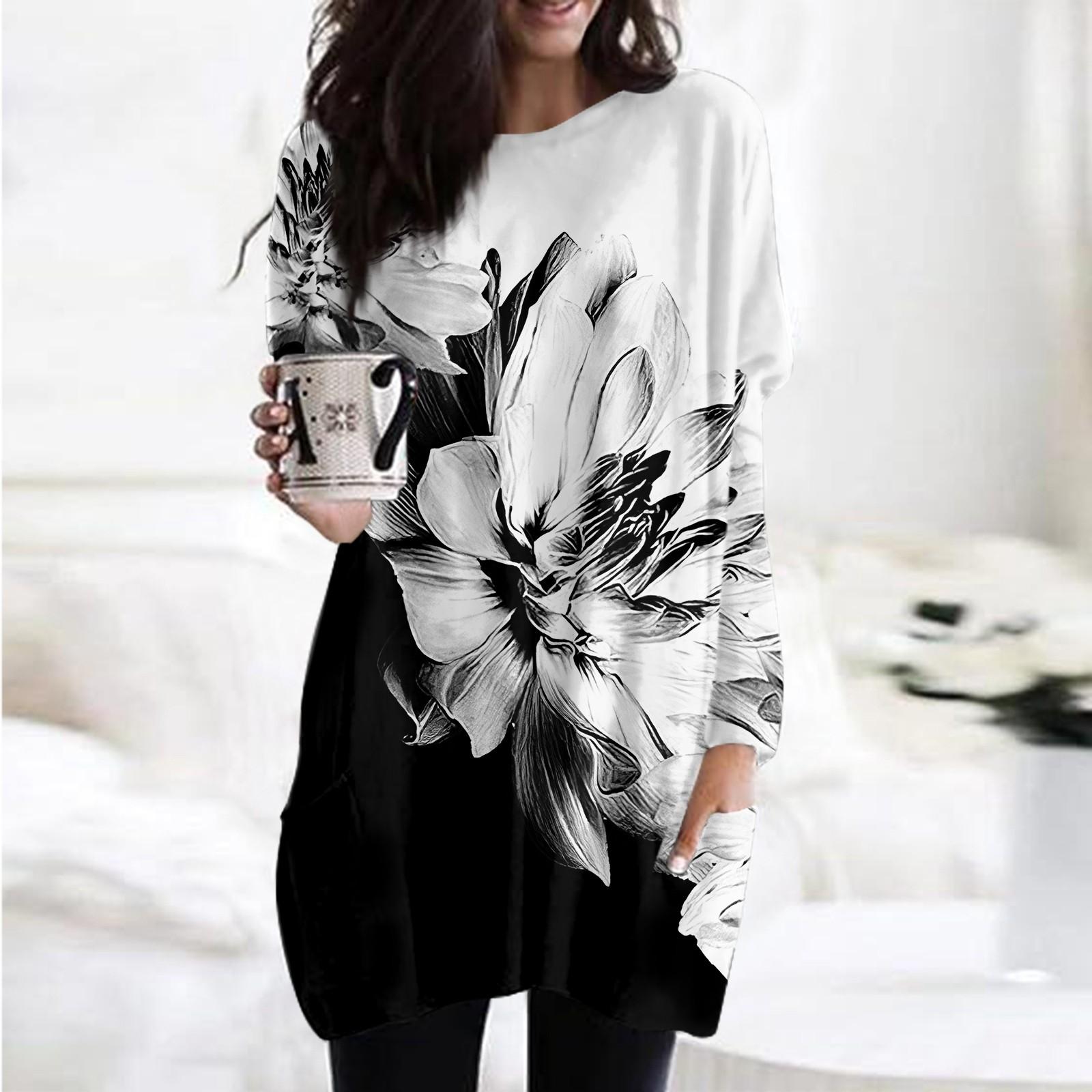 

Женская толстовка с круглым вырезом и принтом, платье-рубашка с длинными рукавами и принтом, пуловер свободного покроя, свободный крой, топы с карманами L чёрный