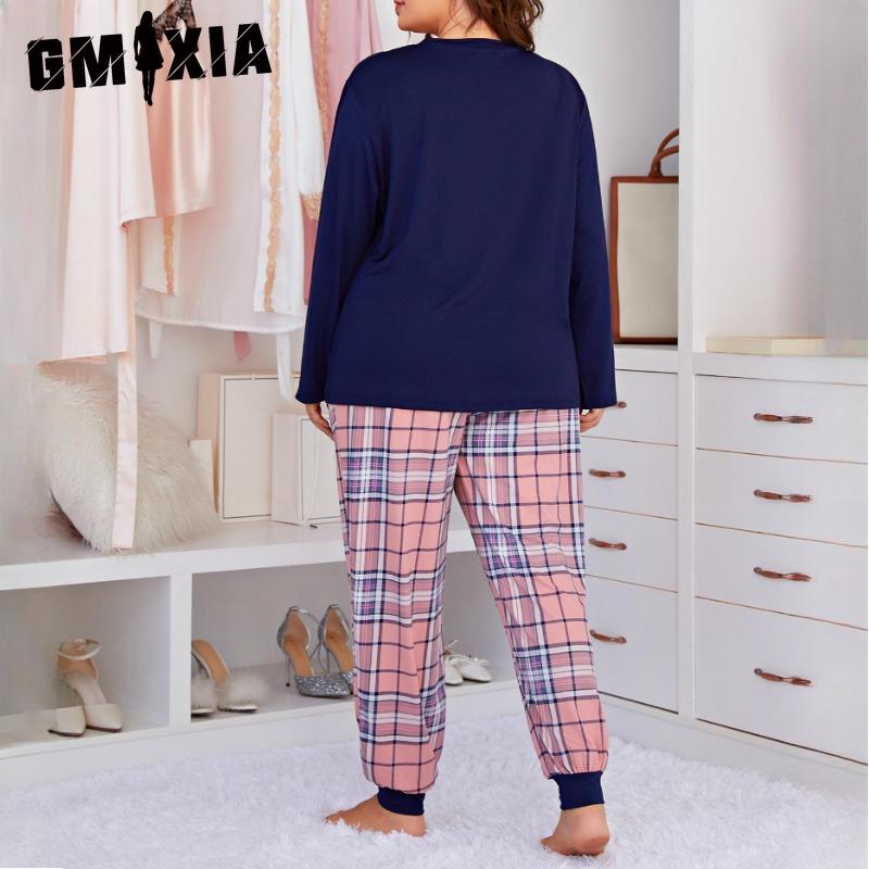 GMXIA Women's Pajamas Printed Large Size Long Sleeve Two Piece Homewear Set