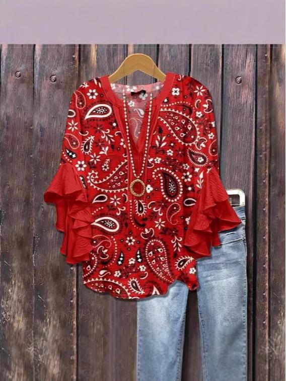 D New Women's Trendy V-neck Floral Print Casual T-shirt with Lotus Leaf Edge