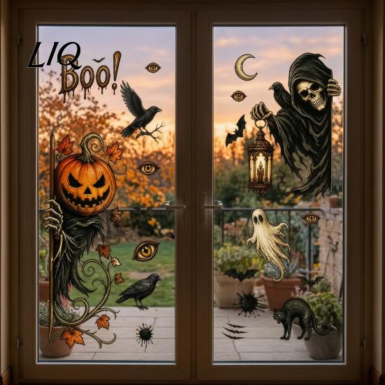 Nightmare Theme Room Decor 6Pcs Halloween Window Stickers, Ghost Pumpkin Grim Reaper Wall Decals, Large Decorative Scene Murals Self-Adhesive