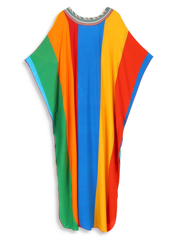 EDOLYNSA Flag Color Printed Boho Hand-knit V Neck Bat Sleeve Beach Dress 2024 Summer Women Loose Kaftan Beachwear Swimsuit Cover Up