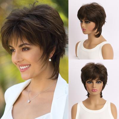 European and American Style Women's Front Lace Heat Resistant Short Straight Wig Fashion Synthetic Fiber Daily Use Natural Looking Wig with Bangs