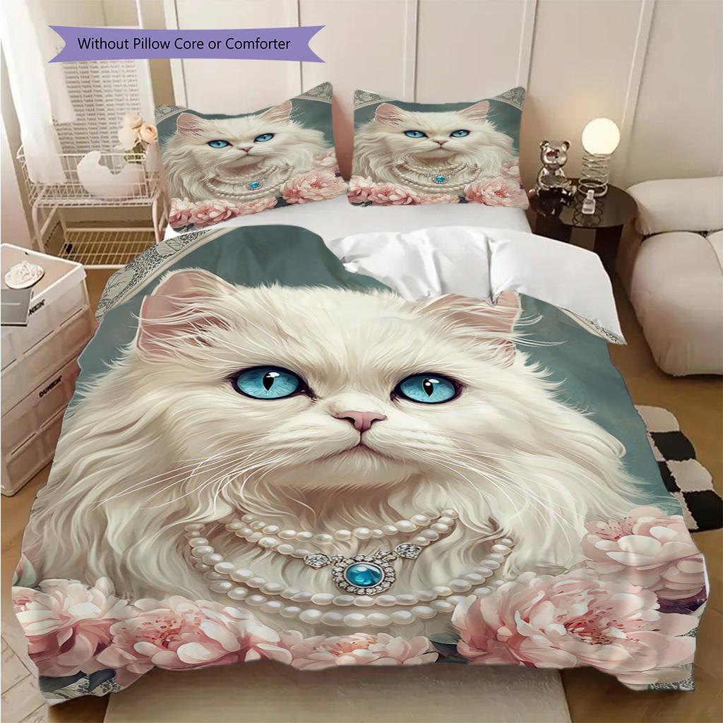 White Cat Pattern Bedding Quilt Set Quilt Cover Pillowcase Home Decoration Birthday Gift (1 * duvet cover + 2 * pillowcase, without core)