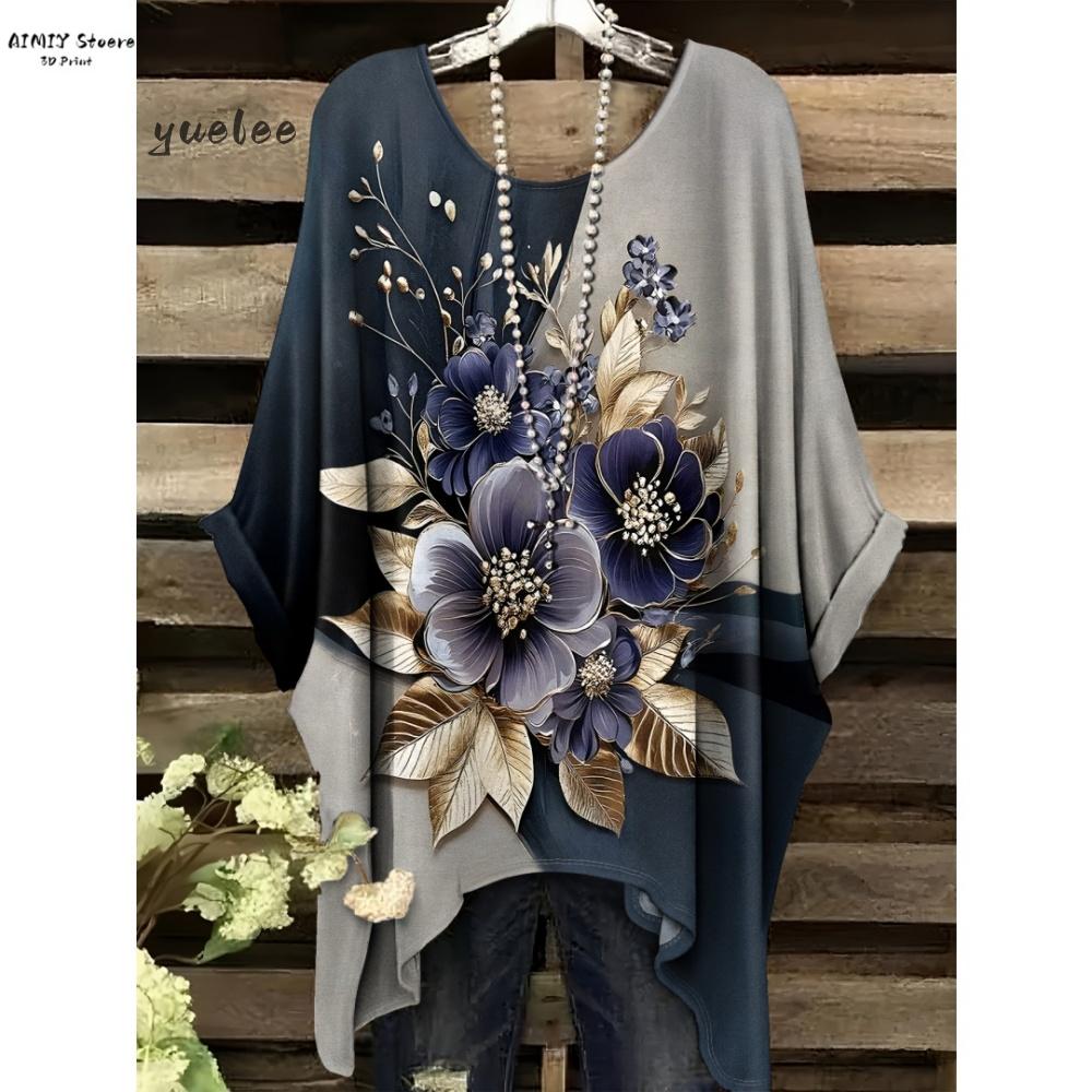 T-shirt Elegante Bohemien da Donna Stampa Notte Stellata Bianco Pois su Tutta la Superficie Orlo Asimmetrico Scollo a O Moda Casual Donna Abbigliamento Y2k