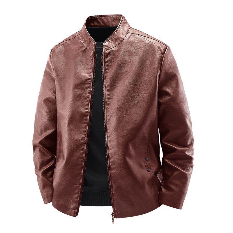 Men's Slim Fit Stand Collar Motorcycle Leather Jacket for Spring and Autumn