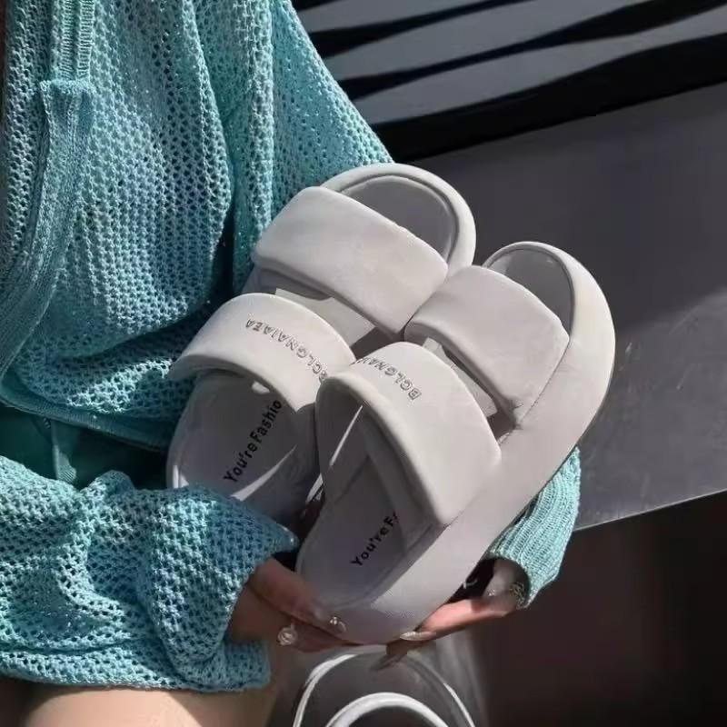 Leather thick-soled one-word slippers women wear summer bread cool slippers Velcro casual women's shoes