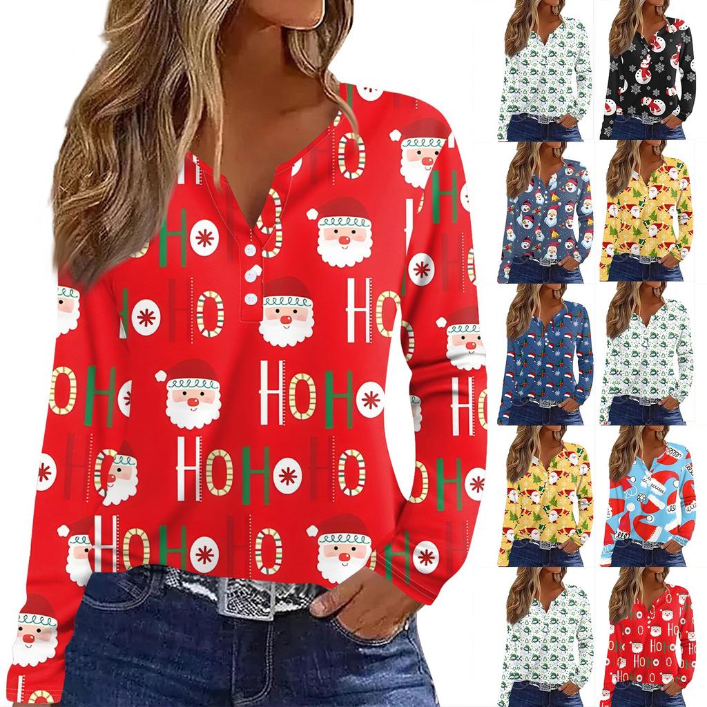 Damen T-Shirt mit Weihnachtsdruck, Knopfleiste, lange Ärmel, für den Alltag, Wochenende, modisch, Basic, V-Ausschnitt, normales Oberteil