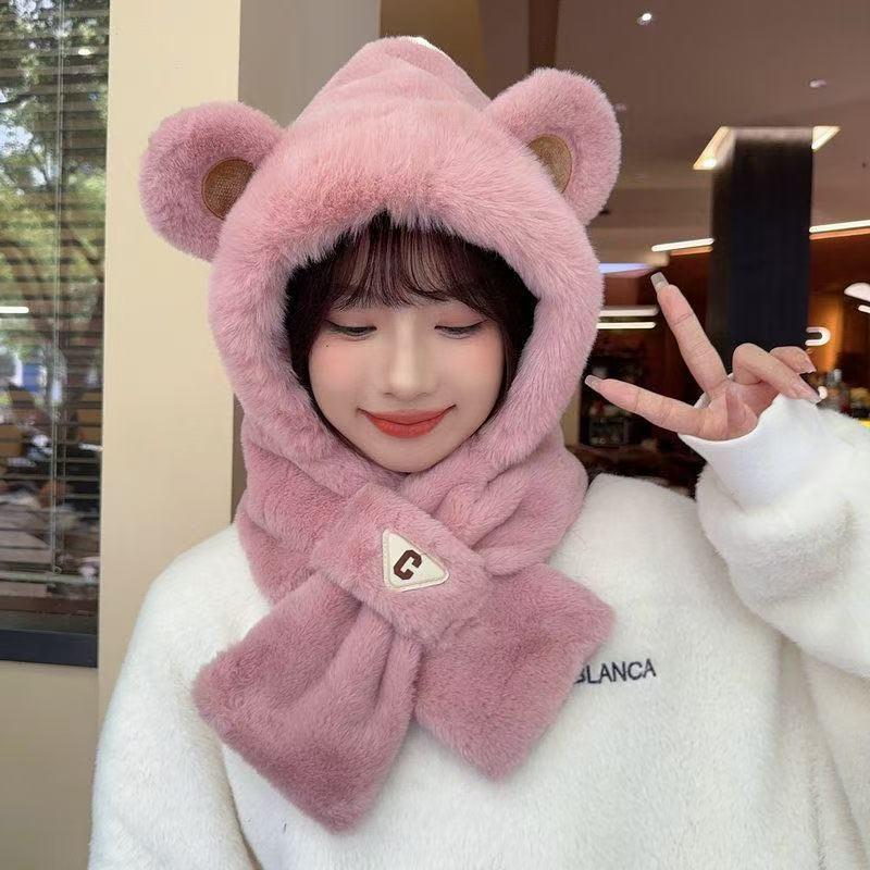 Women's Winter Plush Fox Hat & Scarf Combo - Warm, Trendy, and Versatile Hooded Design