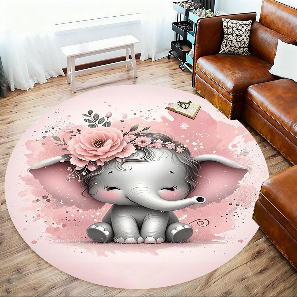 1PC Elephant Flowers Pink Round Chair Mat Area Rug - Non-Slip, Floor Mat for Office, Bedroom, Home Decor Christmas Gift C0528092
