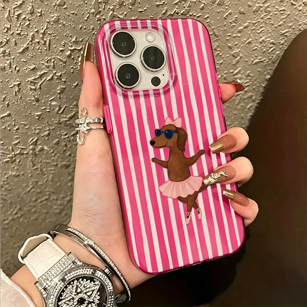 Pink Striped Dancing Dachshund Is Fun Phone Case For Iphone 14 13 Pro Max 11 12 17 16 15 17Air Soft Shockproof Coque Cases