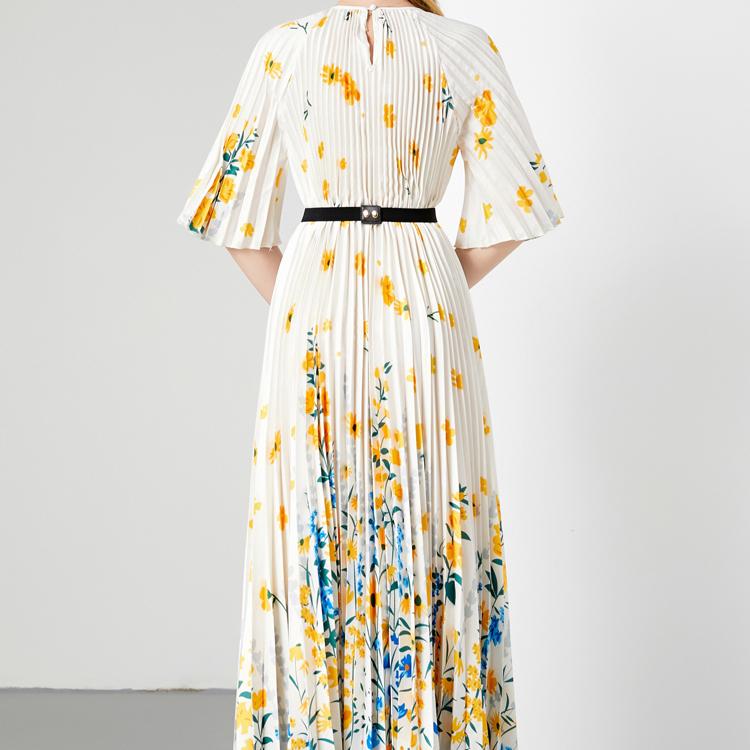 Summer Women Vintage Print Flower Loose Maxi Party Dresses with Belt