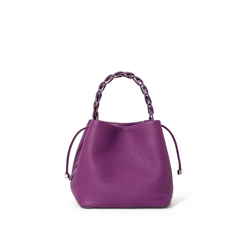 Genuine leather first-layer cowhide bucket bag for commuting single shoulder lychee pattern crossbody elegant hand carried